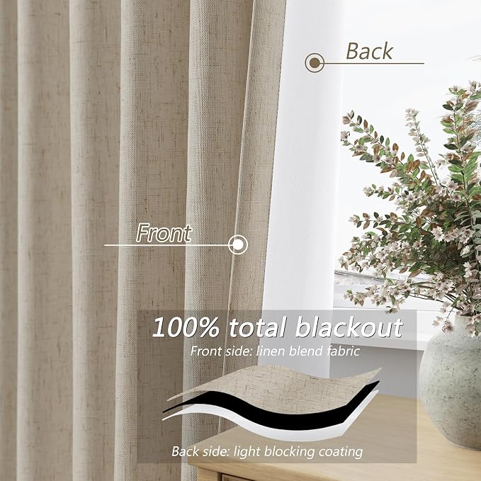 Extra Long 100% Blackout Linen Curtains for Bedroom 120 inches Long 10 FT, Thermal Insulated Room Darkening Black Out Window Drapes for Living Room, Back Tab Rod Pocket 2 Panels,Stone Beige,52x120