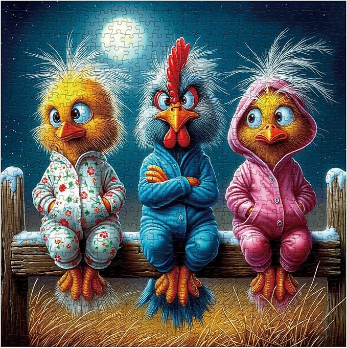 Funny Chick Art Puzzles for Adults 1000 Pieces, Fantasy Bird Chicken Aesthetic Jigsaw Puzzles, Magic Winter Stars Night Impossible Challenging Puzzle
