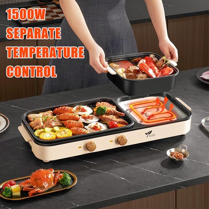 2026 Electric Hot Pot with Grill,2-10 People Indoor Hot Pot 2 in 1 Multi-function Smokeless Shabu-Shabu Hotpot Korean BBQ Grill for Simmer,Separate Dual Temperature Contral