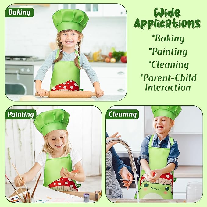 R HORSE Kid Apron and Chef Hat Set - 2Pcs Frog Adjustable Children Kitchen Apron Dress up Role Play Chef Toy Kid Cooking Gift Birthday for Kids Cooking Baking Painting and Training