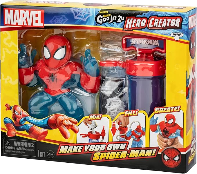 Heroes of Goo Jit Zu Marvel Hero Creator Spider-Man with 3 Unique Goo Fillings, Mix, Fill & Create Your Own Stretchy Spider-Man Hero of Goo JIT Zu Action Figure, Mix, Fill & Create Again and Again.