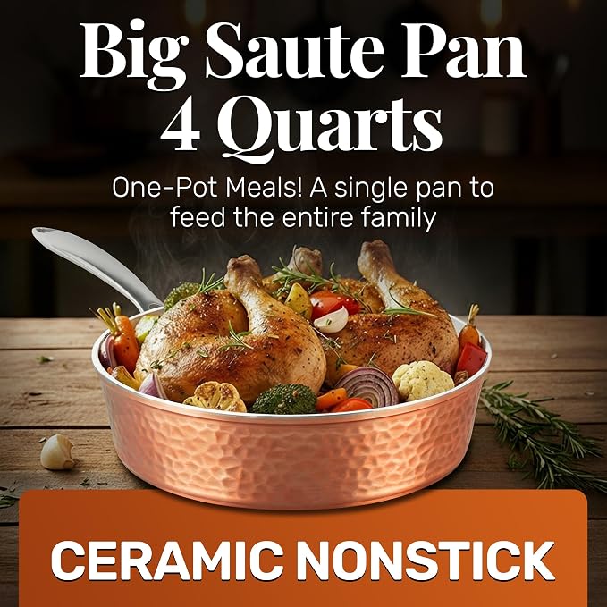 GOTHAM STEEL 4 Qt Saute Pan with Lid, Large Nonstick Skillet for Cooking, 12” Hammered Deep Frying Pan, Family Sized Pans, Ceramic Coating for Sauce, Induction Ready Oven & Dishwasher Safe, Non Toxic