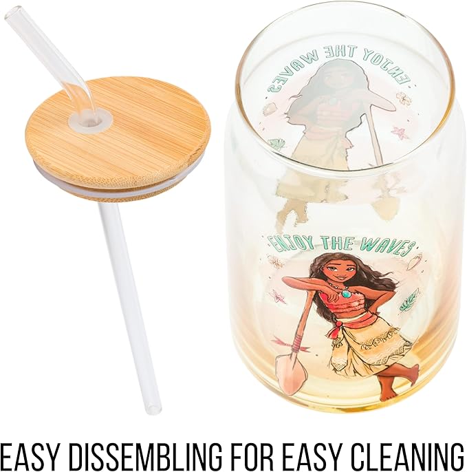 Silver Buffalo Disney Moana “Enjoy The Waves” Glass Tumbler with Bamboo Lid and Glass Straw, 16 Ounces