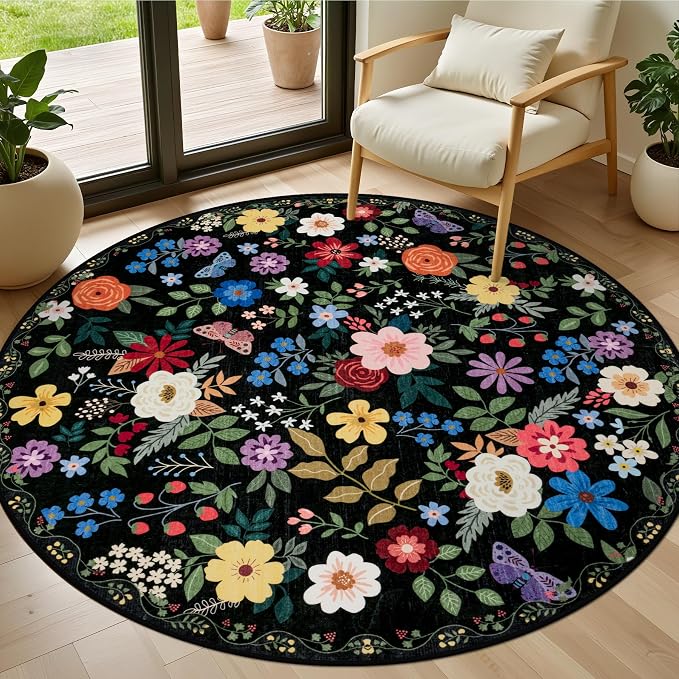 Round Area Rug for Living Room: 4 ft Floral Washable Circle Rug Soft Boho Non-Slip Carpet Indoor Stain Resistant Low Pile Small Circular Rug for Bedroom Entryway Kitchen Nursery Home Office Black