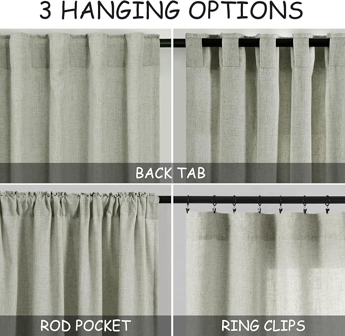 Sage Green Curtains 100 inches Long 2 panels for Living Room Back Tab Rod Pocket Semi Sheer Linen Draperies Muted Neutral Sage Room Decor Earth Tone Pale Green Curtains 100 inch Length for Bedroom
