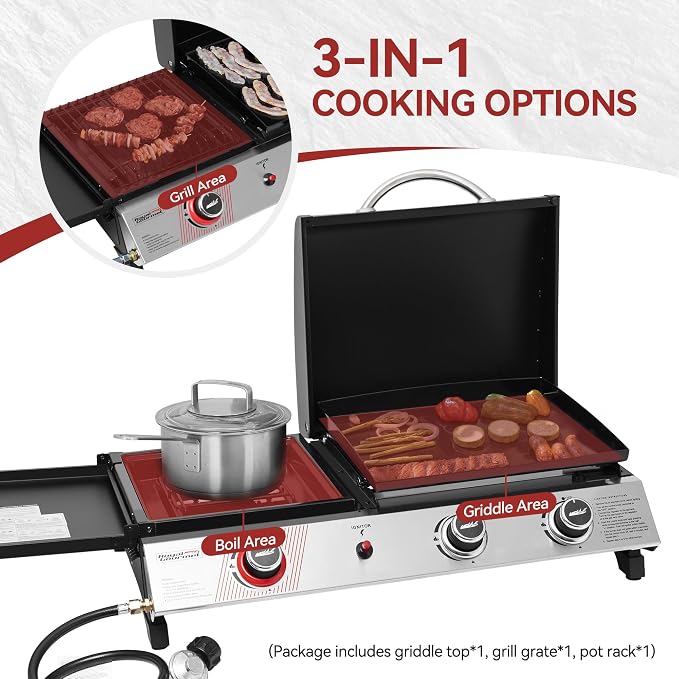 Royal Gourmet PD1305H 3 Burner Propane Gas Grill and Griddle Combo with Lid, 3-in-1 Grill Griddle Combo with 29,000 BTUs Output for Outdoor Cooking, 364 Sq. In. Cooking Area, Silver & Black | 3-in-1 Grill Griddle Combo | 29,000 BTUs Output, 364 Sq. In....