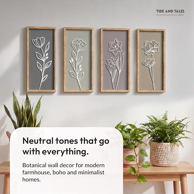 3D Wooden Floral Bathroom Wall Decor (Set of 4) Lightweight, Ready-to-Hang Framed Wall Art For Living Room, Bedroom, or Office - Premium Boho Botanical Farmhouse Decorations - Gift-Boxed