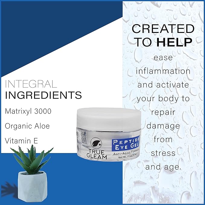 TRUEGLEAM Peptide Anti-Aging Under Eye Collagen Gel for Wrinkles, Bags, Puffiness, and Dark Spots Skin Care Treatment with Aloe Vera, Hyaluronic Acid, Vitamin E, and Peptides.