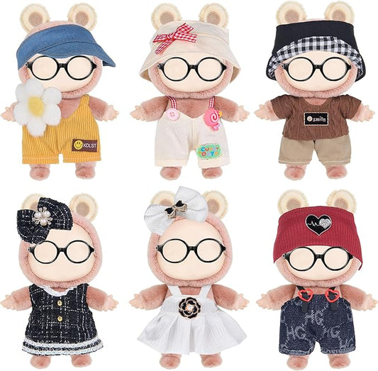 ebuddy 6 Sets 17cm Plush Dolls Clothes - Dress Up Doll Clothing Set Replacement Outfit Collection with Hats & Accessories (No Doll No Glasses)