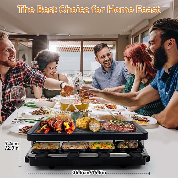 Raclette Grill, Raclette Table Grill, Korean BBQ Grill Indoor, 8 Trays | 1300W Adjustable Temperature Control, 8 Nonstick Cheese Pans, Dishwasher Safe for Family Dinners and Parties