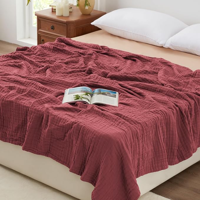 Love's cabin 100% Cotton Muslin Blanket, 6 Layer Lightweight Breathable Gauze King Size Blanket 108 x 90 Inches, Soft Summer Blanket for Bed, Wine Red