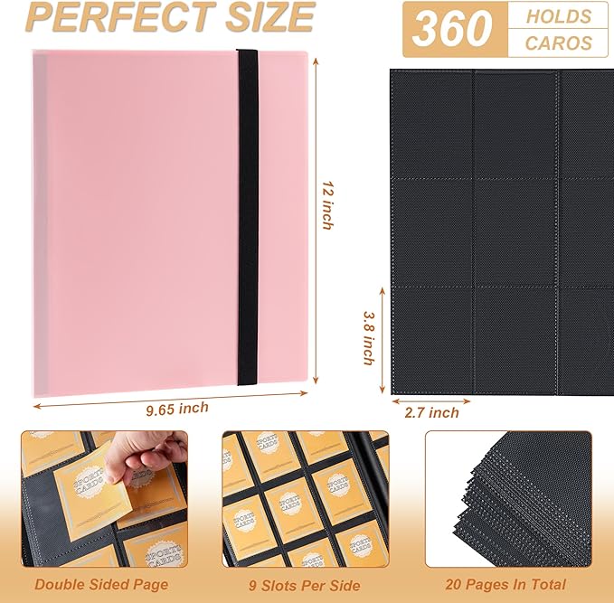 Card Binder 9 Pocket Storage 360 Card Binder,Trading Card Binder Senior and Sturdy Side-Loading Album,Intended For YuGiOh,MTG, TCG,Game Cards & Baseball Card Binde,(Pink）