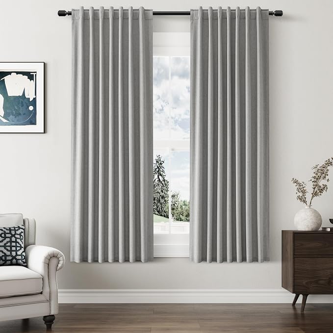Guken Dark Grey 100% Blackout Linen Curtains 63 Inch Length 2 Panels Set for Living Room Bedroom Back Tab/Rod Pocket Thermal Insulated Black Out Drapes Room Darkening Farmhouse Window Curtains