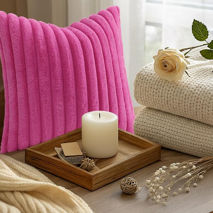 decorUhome Fall Faux Fur Throw Pillow Covers 16x16 Set of 2 Hot Pink | Decorative Soft Cozy Striped Plush Modern Farmhouse Boho Couch Pillow Cases Velvet Back for Sofa Bed Living Room Home Decor