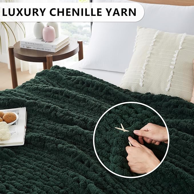 L'AGRATY Chunky Knit Throw Blanket for Couch, 60 x 80 Inches, Olive Green | Handmade Chenille Crochet Blanket for Sofa Bed, Thick Cable Knitted Blankets for Room Home Decor, Birthday Gift for Women Mom