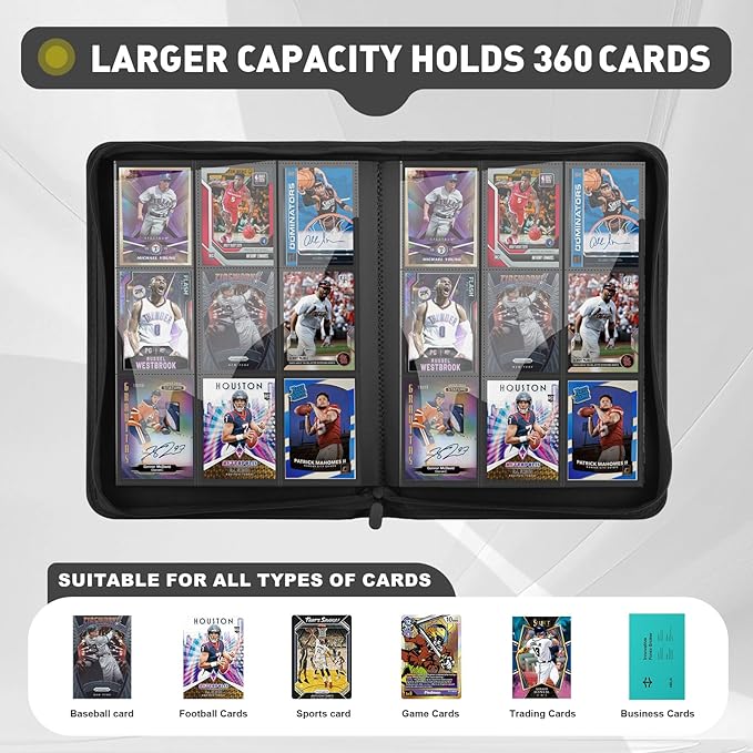 Trading Card Binder 9 Pocket, 360 Pockets Double-Sided Card Album, Premium PU Leather Zipper Card Holder for MTG, TCG, Sports & Game Cards, Must-Have for Collectors（Black）