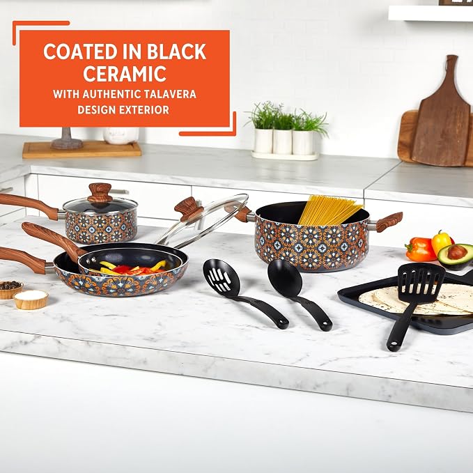 IMUSA 10 Piece Talavera Aluminum Black Ceramic Cookware Set | Black Ceramic Nonstick Coating, Cool-Touch Handles and Glass Lid, Ideal for Mexican Dishes, Great for Gifting