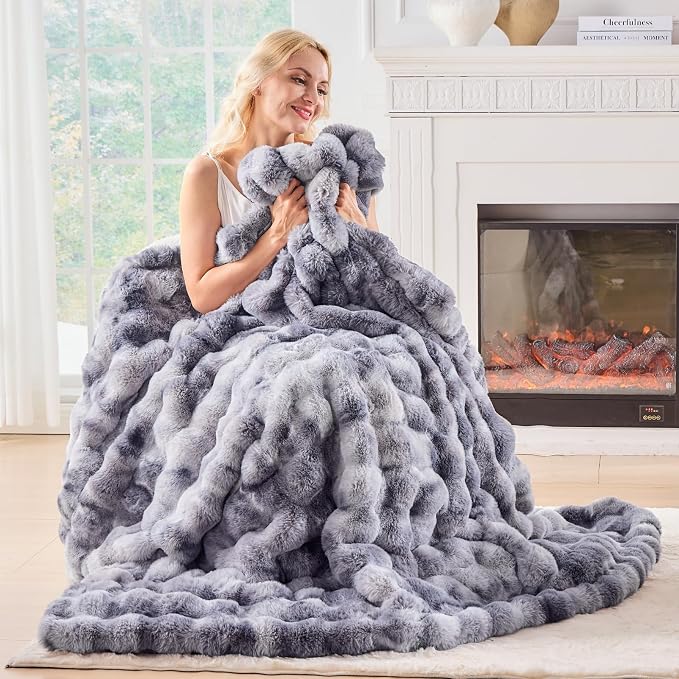BENVWE Fluffy Faux Fur Throw Blanket for Couch - Soft, Plush, Thick, Cozy, Fuzzy Luxury Bubble Blanket for Home Living Room Decor, Gifts for Women, Tie-dye Light Grey, 51" x 63", 1100GSM