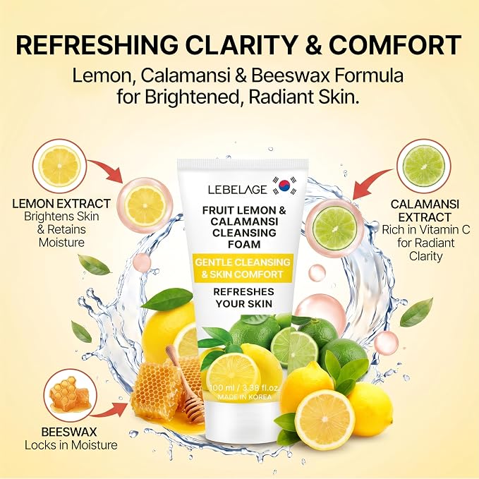 LEBELAGE Korean Lemon Facial Cleanser 3.38 oz | Cleansing Foam Face Wash | Low pH Gentle Hydrating Daily Facial Cleanser Sensitive Skin | Deep Cleansing Foaming Cleanser, Pore Care-All Skin Types