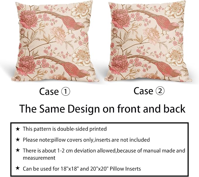 Flowers Birds Pillow Covers 20X20 Inch Set of 2 Pink White Roses Floral Leaf Decorative Pillow Cases Art Retro Gold Cotton Linen Cushion Case Vintage Home Decor for Sofa Couch Porch Outdoor
