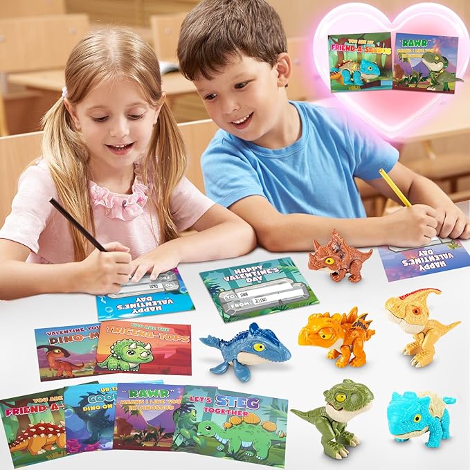 24 Pack Valentines Day Cards for Kids with Dinosaur Toys, Valentines Cards for Kids School Classroom Bulk Valentines Gifts Exchange, Valentines Day Dinosaur Toys for Kids Girls