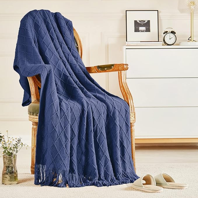 inhand Navy Blue Knitted Throw Blanket for Couch and Bed, 60"x80" | Soft Living Room Home Decor Knitted Twin Size Blanket, Outdoor Lightweight Breathable Summer, Farmhouse Warm Woven Decorative