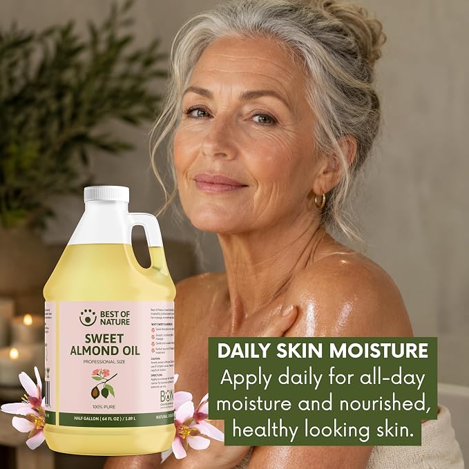 Best of Nature 100% Pure Sweet Almond Massage & Body Oil, Deep Moisturizing Unscented Oil for Hair, Skin, Face, & Aromatherapy, Ideal Carrier Oil for Essential Oils (8 fl oz)