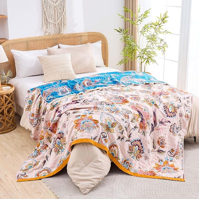 XIBLC Boho Throw Blanket for Bed, 100% Cotton Soft Rustic Quilt Fall Blanket, 90"x98" Floral Printed Farmhouse Decor Bed Blankets, All Season Rustic Reversible Bohemian Throw Quilt
