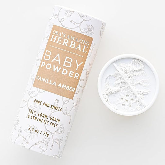 Baby Powder Talc-Free, Real Vanilla Amber Natural Scent, Cornstarch Free Arrowroot and Clay Based Powder, Synthetic Fragrance Free, Ora's Amazing Herbal, 2.5 oz