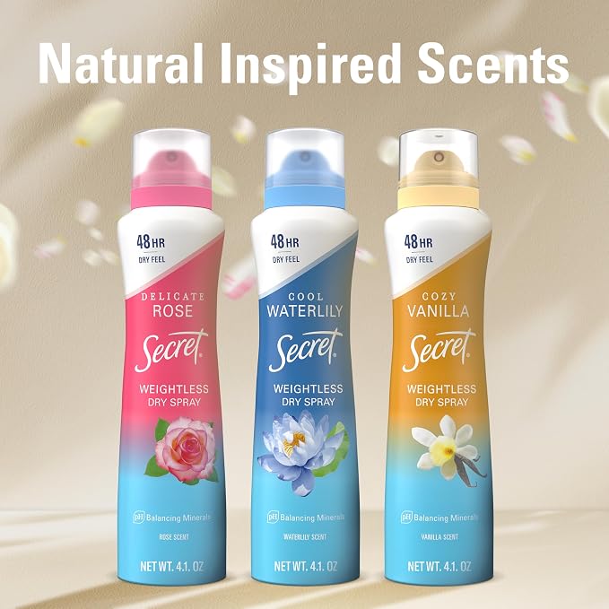 Secret Dry Spray Antiperspirant Deodorant for Women, 48hr Weightless Sweat & Odor Protection, Gentle on Skin, White Peach Scent, 4.1 oz (Pack of 3)