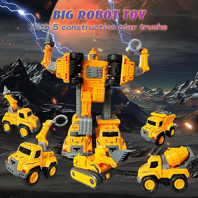 OTONOPI 5-In-1 Transforming Robot Toys - 5 Construction Trucks Transform into Huge Robot Alloy Deformation Combination Action Figures Set for Kids Toddler Boys Girl Age 3-12+
