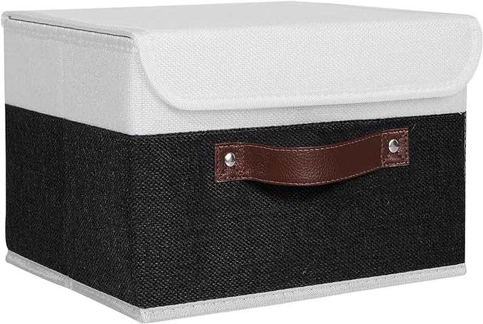 ANMINY Fabric Storage Box Bins with Lids, Black White, 10"x8"x7" | Keepsake Memory Storage, Cotton Linen, PP Board Reinforced, Washable, PU Handles, Foldable & Stackable, Decorative, Small