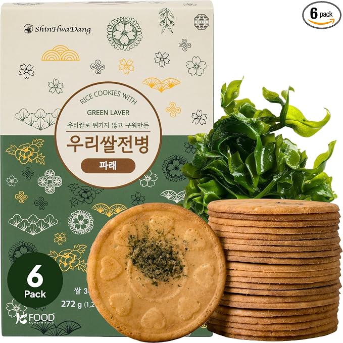 Korean Food Shinwhadang Rice Wafer Snacks, Seaweed Flavor, Crispy, 6Pk | Oven-baked Korean rice crackers with green laver seaweed flavor and a light, crispy texture
