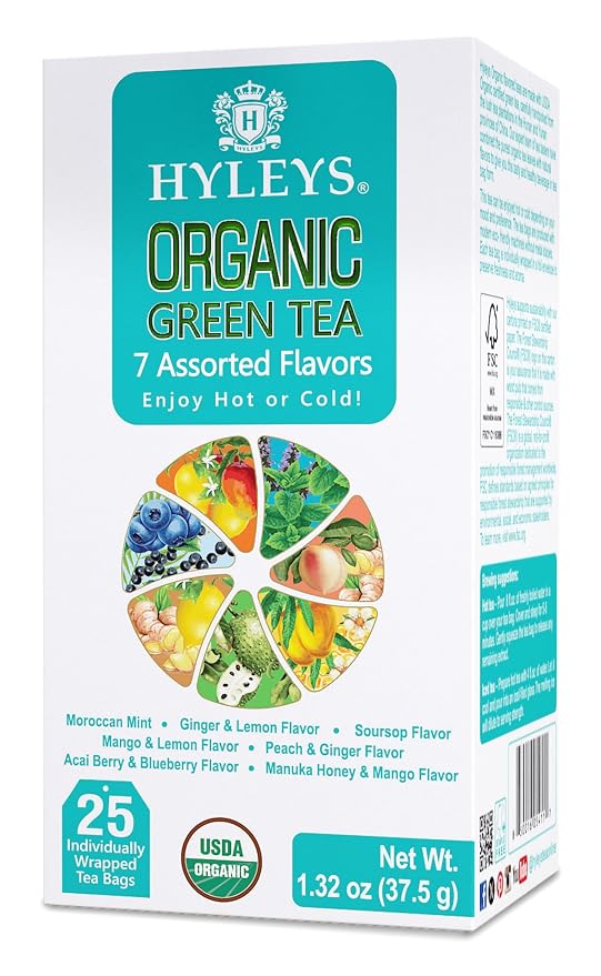 HYLEYS Organic Green Tea, 7 Assorted Flavors - 150 Individually Wrapped Tea Bags (6 Pack of 25) - Includes Soursop, Blueberry, Moroccan Mint and More - USDA Organic - Kosher & Vegan