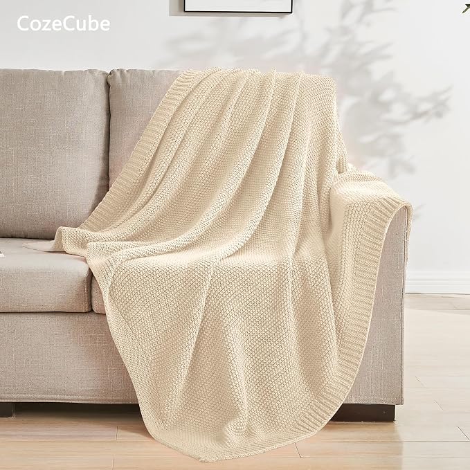 CozeCube Light Beige Seed Stitch Throw Blanket 60"x80", Farmhouse Decor | Blanket for Couch, Soft Cozy Cable Knit Throw for Bed Sofa Living Room, Lightweight Warm Decorative Christmas Blanket