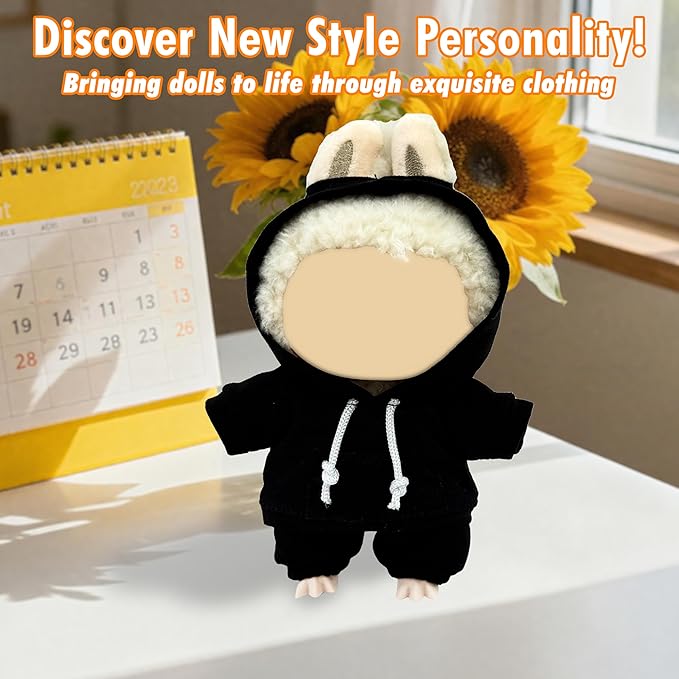 17cm Dolls Clothes Outfit Set for Doll - Casual Style Hoodies Clothing Set for Doll Dress Up, Black Set