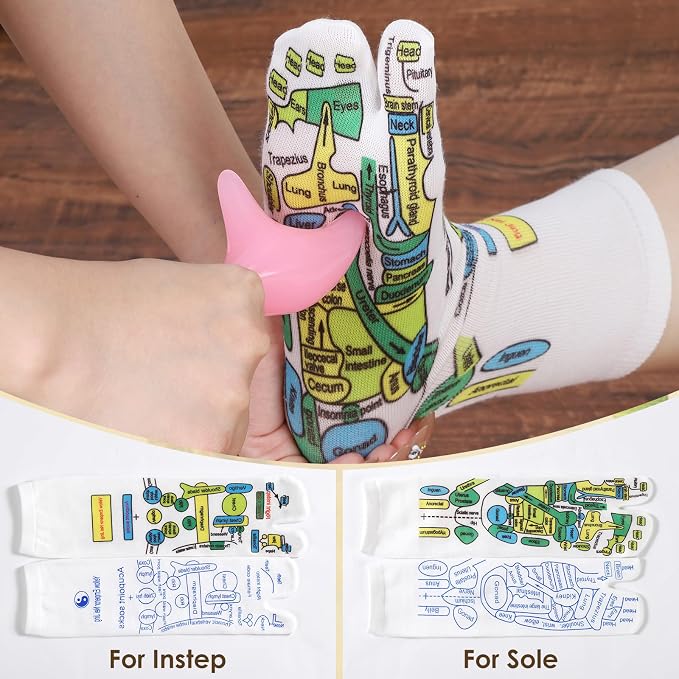 Reflexology Socks Set with Tools Pink, 2 Pairs Chiro Acupressure Acupuncture Trigger Point Foot Pain Relief Remedy Acupoint Massage Birthday Gifts for Women D