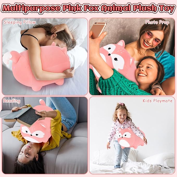 Auspicious beginning Fox Plush Stuffed Animal-16'' Pink Pillow, Cute Plushies, Toy Kawaii Animal Plushie Hugging Pillow Christmas Birthday Gifts for Kids Girls Boys Girlfriend