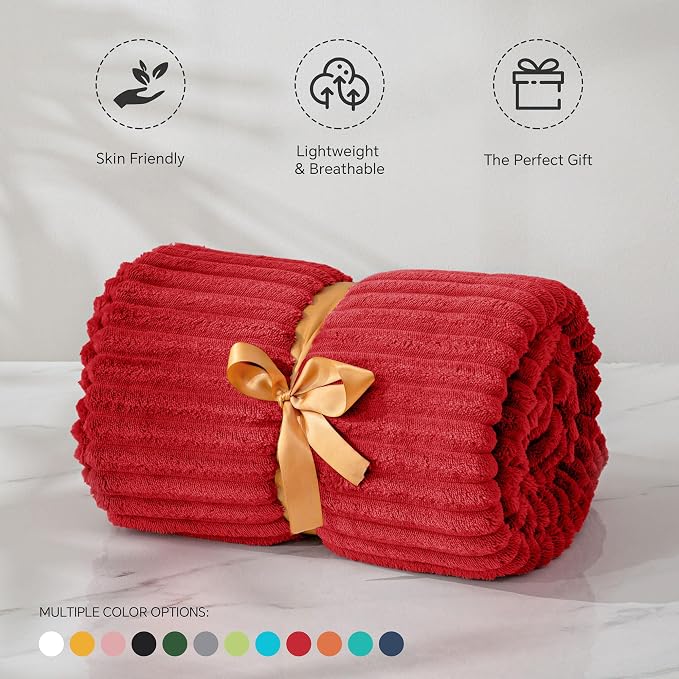 BEDELITE 3D Ribbed Jacquard Red Fleece Twin Blanket for Bed, 60x80 Inch | Soft Warm Decorative Fluffy Blanket, Cozy Plush Lightweight Fuzzy Throw Blanket for Couch Sofa Room Decor, Gift for Women