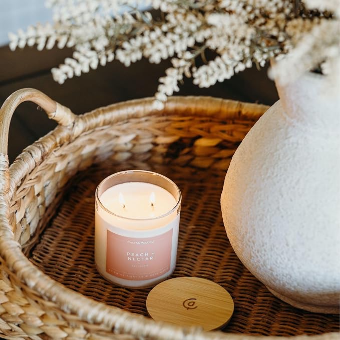 Calyan Wax Co. Peach & Nectar 2 Wick Scented Candle - 37 Hour Burn - Luxury Clean Soy Wax Candles - Long Lasting Large Glass Jar Candle for Home - 8.8oz