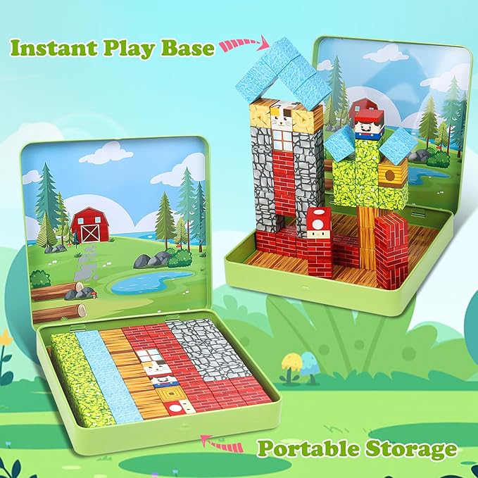 49 PCS Mini Magnetic Building Blocks Travel Toys for Kids Ages 4-8, Travel Magnetic Tiles with Portable Iron Storage Box, STEM Learning Educational Construction Toys for Toddlers 3-5