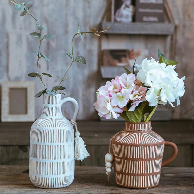 Mowtanco Farmhouse Vase with Handle and Tassel, Grey Yellow Vertical Stripes Design Clay Vase 10'' Tall - Ceramic Flower Vase for Rustic Home Decor, for Fireplace Kitchen Living Room Centerpieces
