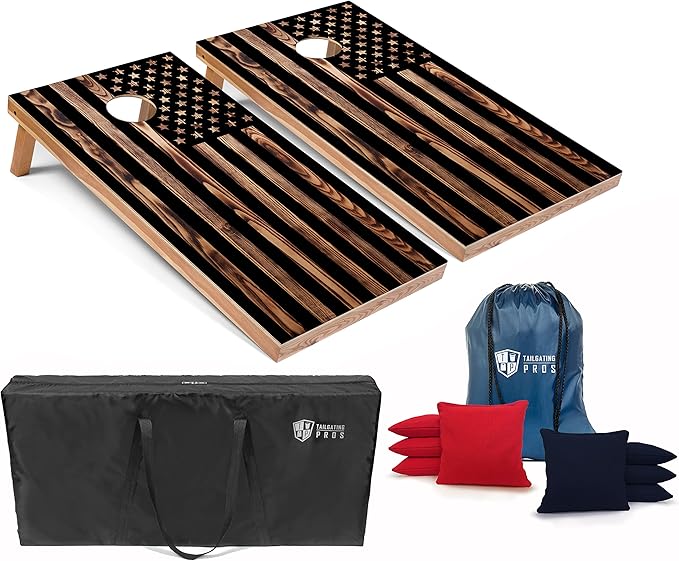Tailgating Pros American Themed Lightweight Corn Hole Board Set w/Multicolored LED Rings, Bean, Bags, and Carrying Case - 4'x2' Cornhole Toss