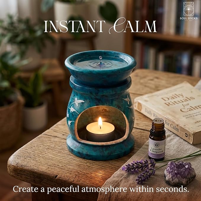 SOUL STICKS Stone Soapstone Aroma Lamp Stylish Beautiful Elegant Decorative Handcrafted Aroma Wax Burner Oil Diffuser for Aromatherapy, Meditation and Home Fragrance with Tealight Holder, 3 (Blue)