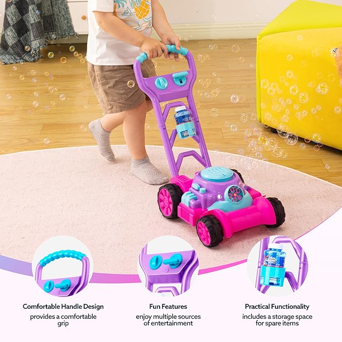 SLOOSH Bubble Lawn Mower Toddler Toys - Spill-Proof Bubble Machine Pretend Gardening Toy for Age 1 2 3 1-3 Year Old Toddler Indoor Outdoor Use, Baby Girl Push Toys New Year Birthday Gift (Pink)