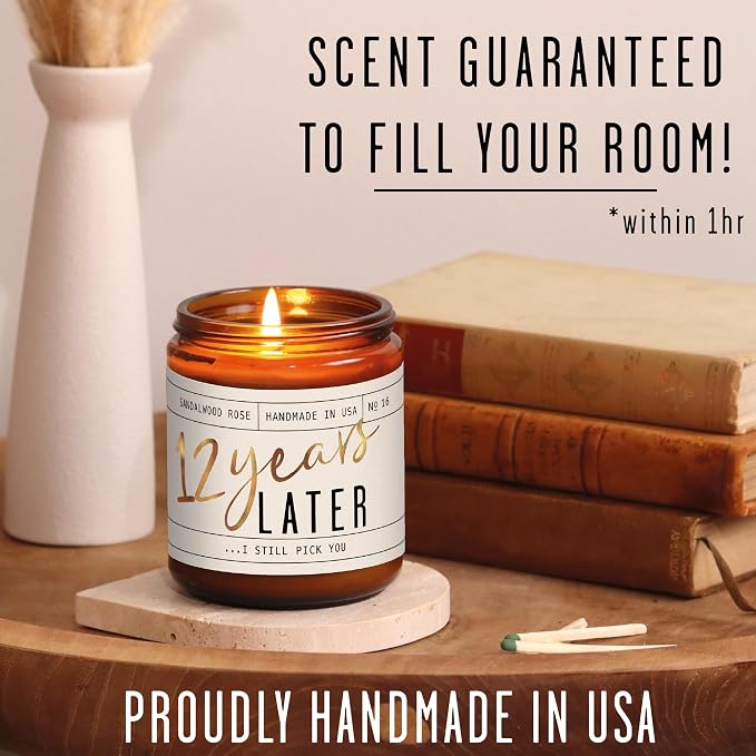 12 Year Anniversary Gifts for Wife - '12 Years Together' Candle, w/Sandalwood Rose - infused w/Essential Oils I 12th Anniversary Gifts for Her I 50Hr Burn, Made in USA