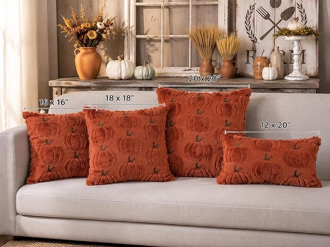 Fall Pumpkin Decorative Pillow Covers 16x16 Set of 2, Dark Rust Red Soft Plush Faux Fur Wool Farmhouse Throw Cushion Cases for Autumn Thanksgiving Holiday Home Decorations