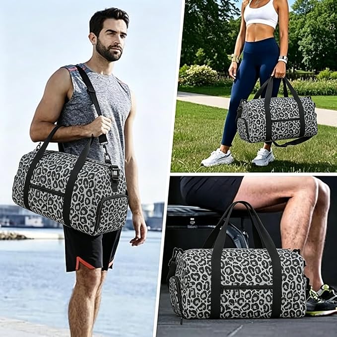 Fiokroo Sports Gym Bag Grey Leopard Pattern Travel Duffel Bag For Men Women With Shoe Compartment Water Resistant Gym Bag Carry On Duffel Bag For Weekend Traveling Yoga Gym Sports