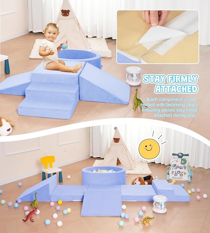 Elftopia Foam Climbing Blocks with Ball Pit & Stairs for Toddlers Aged 1-3 -Soft Playset for Indoor Crawling, Foam Playground Set for Baby to Active Playing Inside -(Balls NOT Included),Light Blue