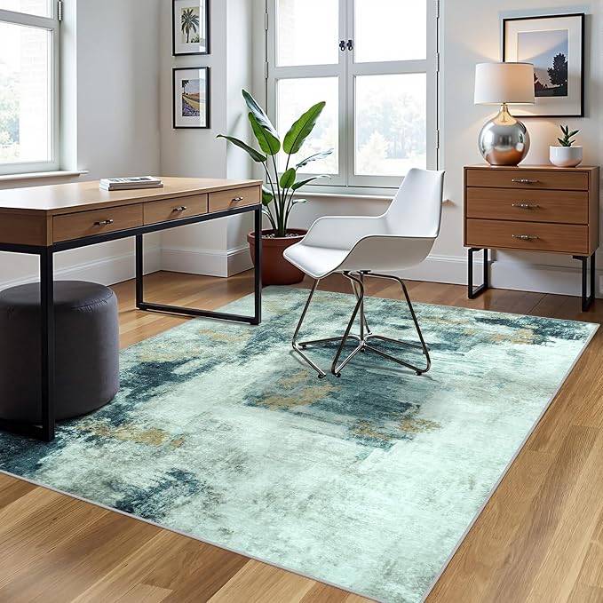 5x8 Area Rugs for Living Room Rug Washable: Abstract Rug for Dining Room Bedroom Carpet Non Slip 5 by 8 Indoor Modern Nursery Home Office Teal Grey Gold